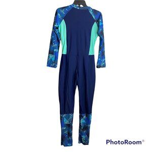 SHEIN Full Swim Body Suit Womens Large Blue Long Sleeves Swim One Piece Suit